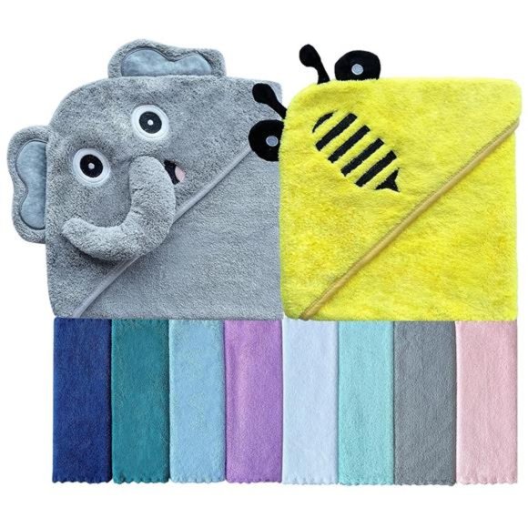 NEW 2 Baby Bath Hooded Towels and 8 Washcloths - Yellow Bee and Grey Elephant - Picture 1 of 7